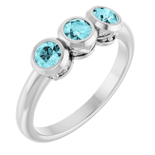 14K White Natural Blue Zircon Three-Stone Ring